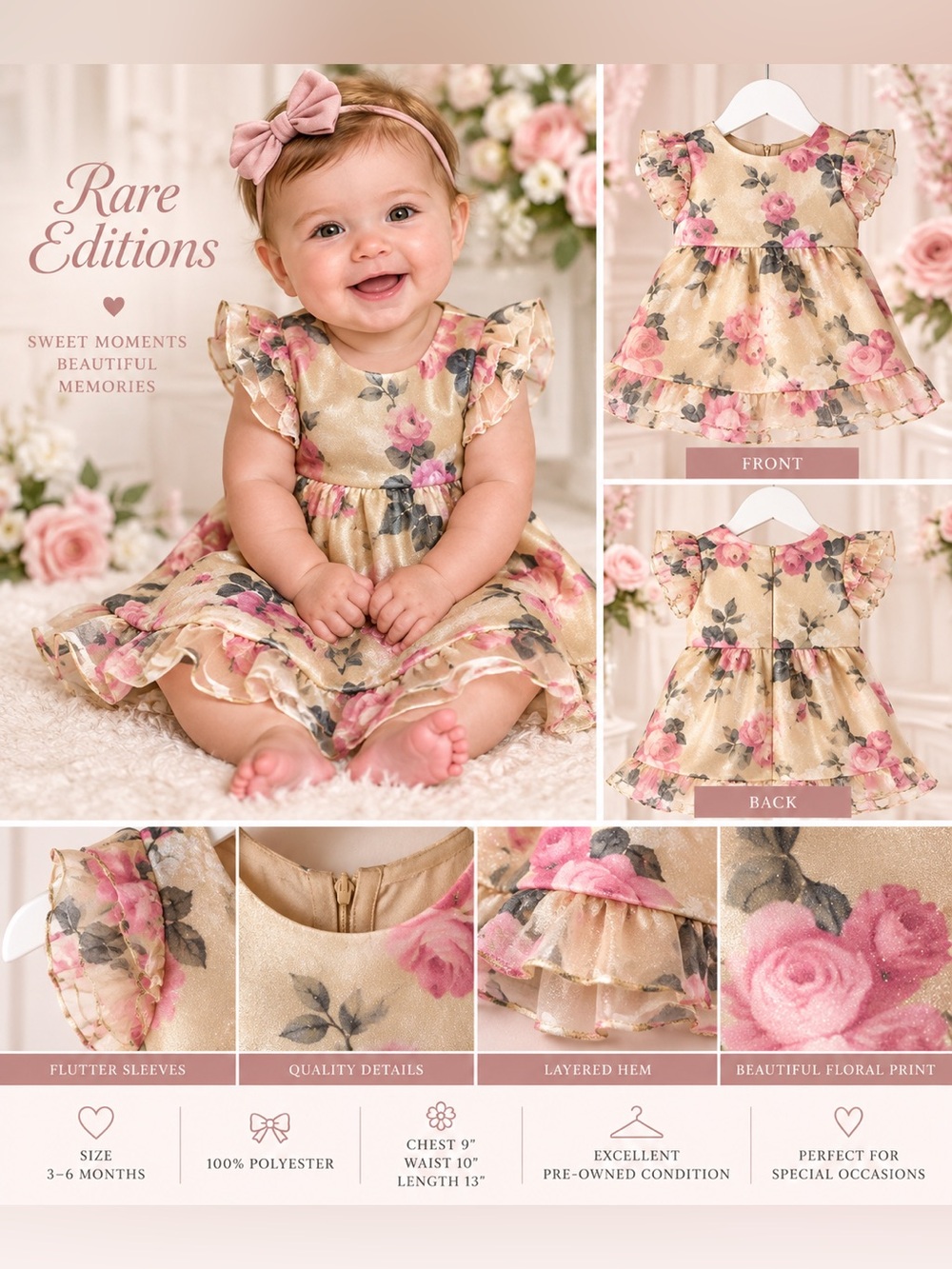 Rare Editions Baby Girls 3-6M Pink Rose Floral Gold Shimmer Ruffle Dress